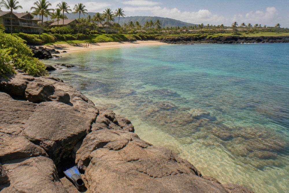 Calm clear water over a shallow coral reef near a sandy south shore beach
